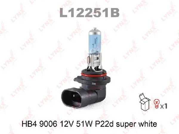 Лампа галогенная HB4 LYNXauto Super White 12В, 51Вт от 3800К (холодный белый) P22d