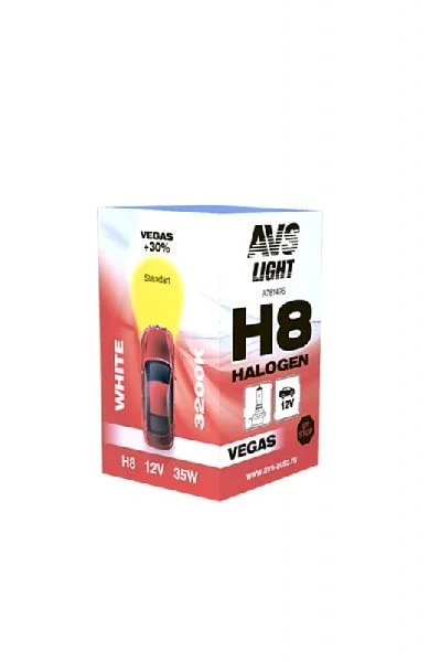 Лампа галогенная H8 AVS Vegas +30% 12В, 35Вт 3000-3700К (тёплый белый) PGJ19-1