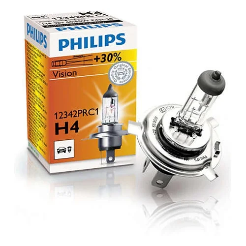 Лампа галогенная H4 PHILIPS Vision +30% 12В, 60/55Вт 3000-3700К (тёплый белый) P43t