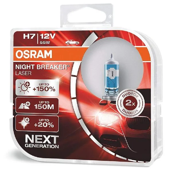 Лампа галогенная H7 OSRAM Night Breaker Laser +150% (бокс) 12В, 55Вт от 3800К (холодный белый) P43t