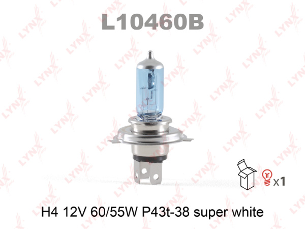 Лампа галогенная H4 LYNXauto Super White 12В, 60/55Вт от 3800К (холодный белый) P43t L10460B