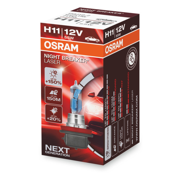 Лампа галогенная H11 OSRAM Night Breaker Laser +150% 12В, 55Вт PGJ19-2 64211NL