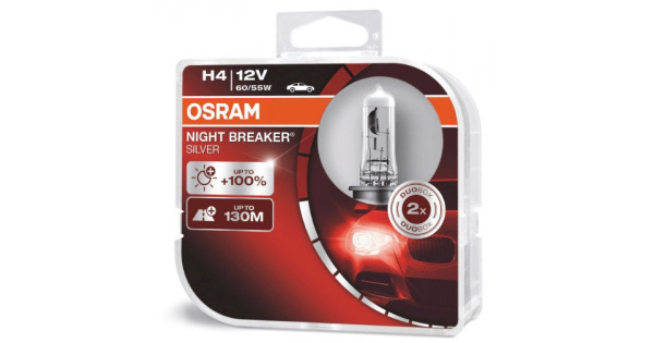 Лампа галогенная H4 OSRAM Night Breaker Silver +100% (бокс) 12В, Вт 3000-3700К (тёплый белый) P43t 64193NBSHCB