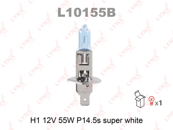 Лампа галогенная H1 LYNXauto Super White 12В, 55Вт от 3800К (холодный белый) P14.5s L10155B