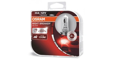 Лампа галогенная H4 OSRAM Night Breaker Silver +100% (бокс) 12В, Вт 3000-3700К (тёплый белый) P43t
