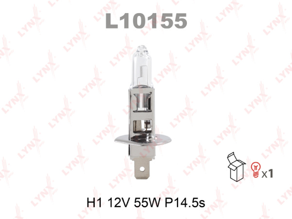 Лампа галогенная H1 LYNXauto 12В, 55Вт 3000-3700К (тёплый белый) P14.5s L10155