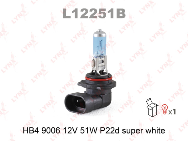 Лампа галогенная HB4 LYNXauto Super White 12В, 51Вт от 3800К (холодный белый) P22d L12251B