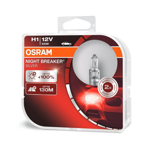 Лампа галогенная H1 OSRAM Night Breaker Silver +100% (бокс) 12В, 55Вт 3000-3700К (тёплый белый) P14. 64150NBSHCB