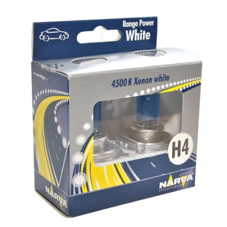 Лампа галогенная H4 NARVA Range Power White (набор) 12В, 60/55Вт от 3800К (холодный белый) P43t