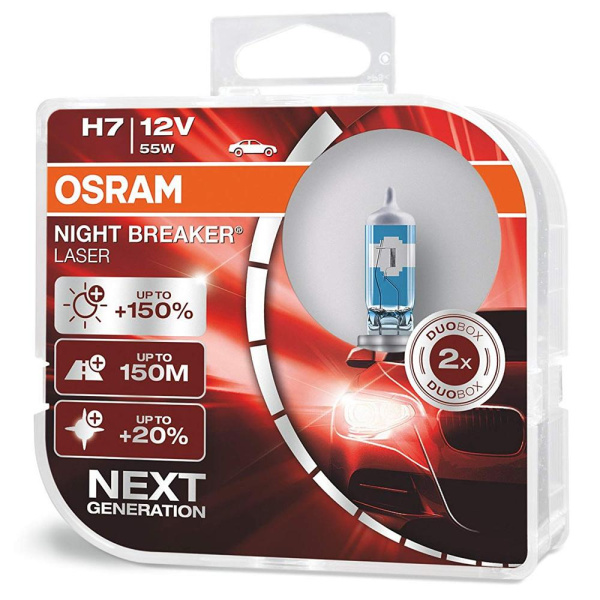 Лампа галогенная H7 OSRAM Night Breaker Laser +150% (бокс) 12В, 55Вт от 3800К (холодный белый) P43t 64210NLHCB