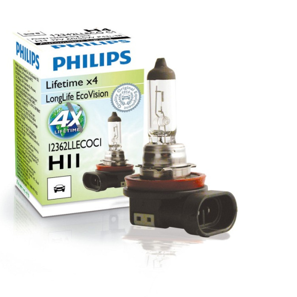 Лампа галогенная H11 PHILIPS 12В, 55Вт 3000-3700К (тёплый белый) PGJ19-2 12362LLECOC1