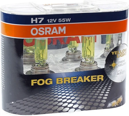 Лампа галогенная H7 OSRAM Fog Breaker +60% (бокс) 12В, 55Вт до 2900К (желтый) PX26d 62210FBRHCB